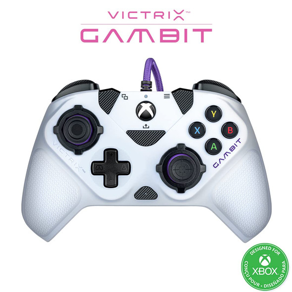 Victrix Gambit World's Fastest Licensed Xbox Controller, Elite Esports Design with Swappable Pro Thumbsticks, Custom Paddles, Swappable White / Purple Faceplate for Xbox One, Series X/S, PC