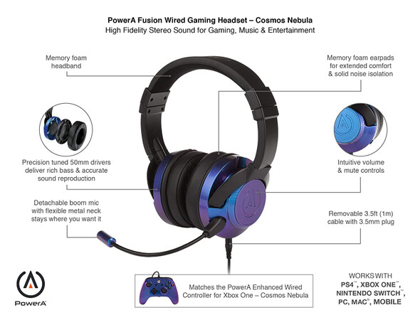 PowerA Fusion Wired Stereo Gaming Headset with Mic for PlayStation 4, Xbox One, X, Xbox One S, Xbox 360, Nintendo Switch, PC, Mac, VR, Android, and iOS - Cosmos Nebula - Xbox 360 Xbox