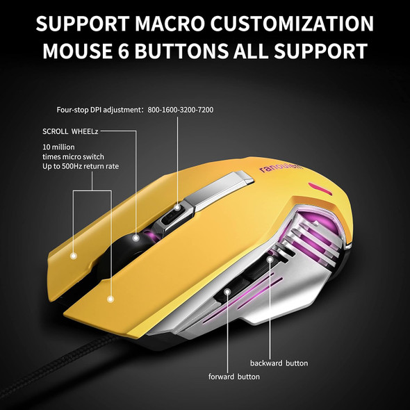 M9 Yellow Gaming Mouse Wired,7200 DPI Optical Sensor,6 Programmable Buttons,4 Color Backlight,Wired Gaming Mouse Windows PC Laptop&Mac