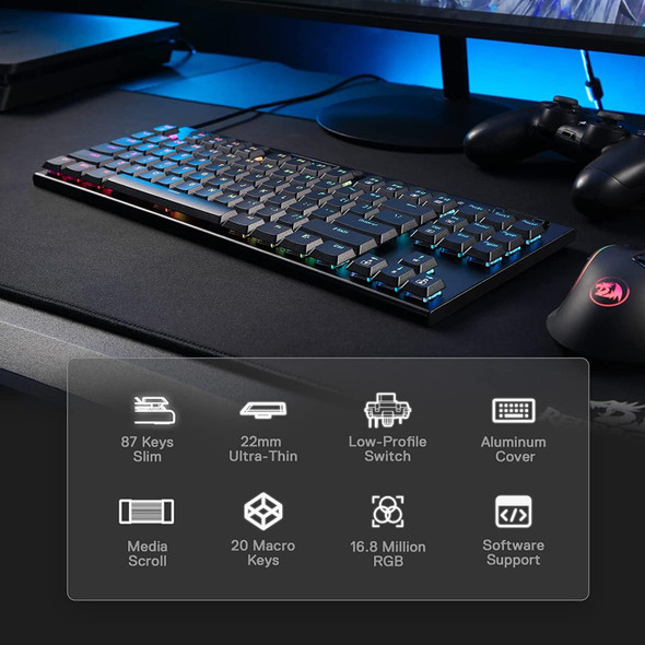 Redragon K622 Horus TKL RGB Mechanical Keyboard, Ultra-Thin Designed Wired Gaming Keyboard w/Low Profile Keycaps, Dedicated Media Control & Clicky Blue Switch, Pro Software Supported