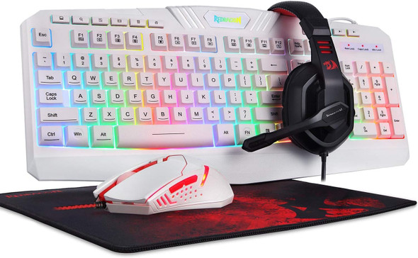 Redragon S101 Wired RGB Backlit Gaming Keyboard and Mouse, Gaming Mouse Pad, Gaming Headset Combo All in ONE PC Gamer Bundle for Windows PC – (White)