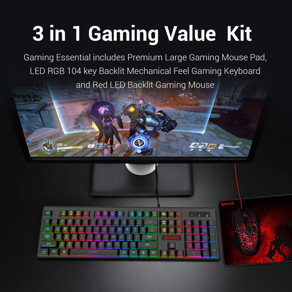 Redragon S107 Gaming Keyboard and Mouse Combo Large Mouse Pad Mechanical Feel RGB Backlit 3200 DPI Mouse for Windows PC (Keyboard Mouse Mousepad Set)