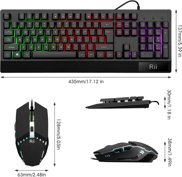 Rii RK400 RGB Gaming Keyboard and Mouse Combo ,Wired Mechanical Feel 3-LED Backlit Keyboard,104 Keys USB Ergonomic Wrist Rest Keyboard,6 Button RGB Mouse for Windows Gamer Desktop, Computer (Black)