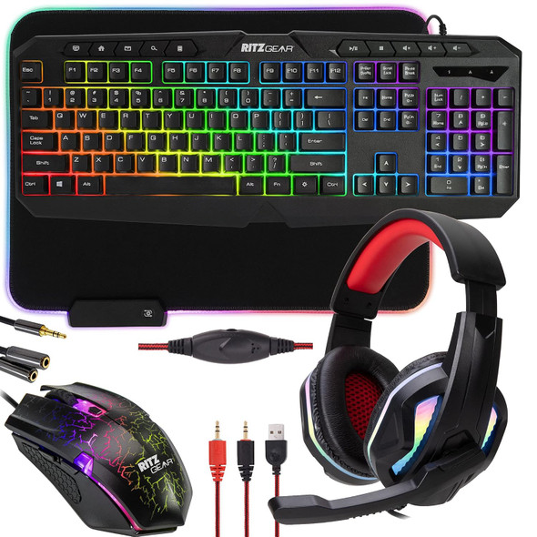 Ritz Gear RGB Gaming Accessories Kit 4-in-1 Rainbow LED Backlight Bundle PC Combo with Multimedia Keyboard, Optical Mouse, Mouse Pad & Headset w/Adapter for Windows 7+ Desktop, Laptop, Xbox & PS4