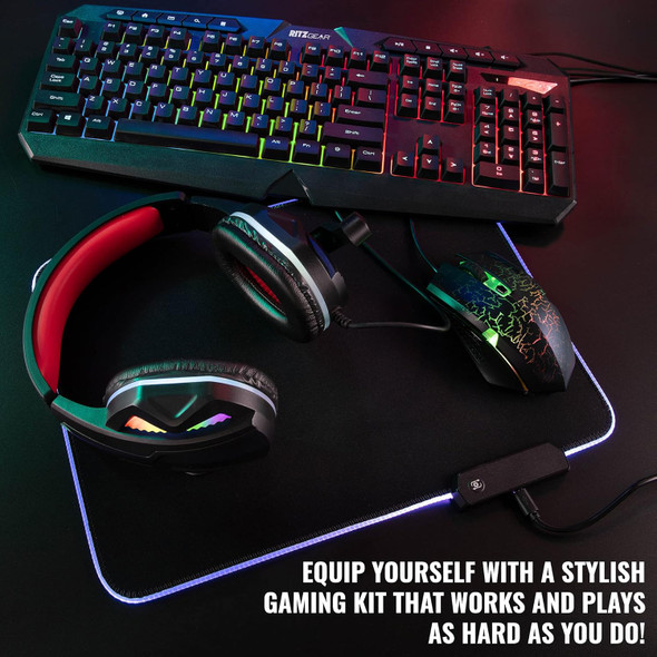 Ritz Gear RGB Gaming Accessories Kit 4-in-1 Rainbow LED Backlight Bundle PC Combo with Multimedia Keyboard, Optical Mouse, Mouse Pad & Headset w/Adapter for Windows 7+ Desktop, Laptop, Xbox & PS4