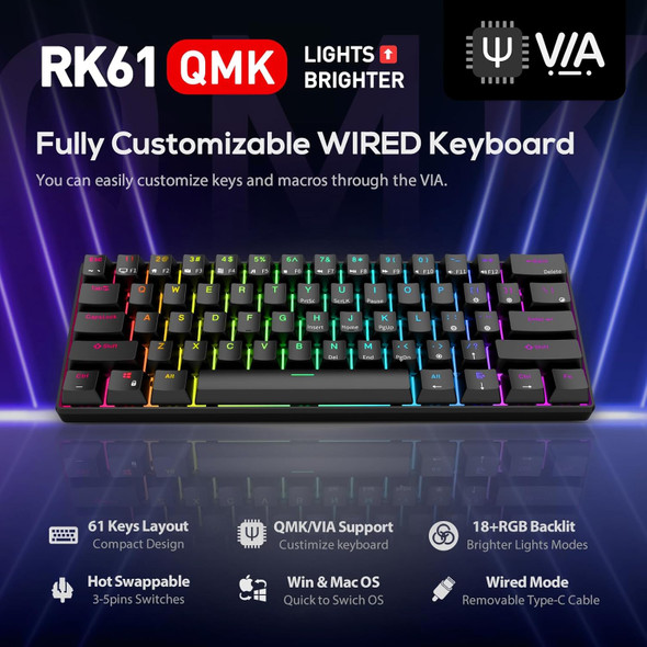 RK ROYAL KLUDGE RK61 Wired 60% Mechanical Gaming Keyboard Programmable QMK/VIA RGB Backlit 61 Keys Ultra-Compact Hot Swappable Brown Switch Black RK ROYAL KLUDGE RK61 Wired 60% Mechanical Gaming Keyboard Programmable QMK/VIA RGB Backlit 61 Keys Ultra-Compact Hot Swappable Brown Switch Black