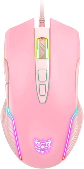RGB Gaming Mouse Wired, USB Optical Computer Mice with RGB Backlit, 6 Adjustable DPI Up to 6400, Ergonomic Gamer Laptop PC Mouse with 7 Programmable Buttons for Windows Vista Linux (Pink)