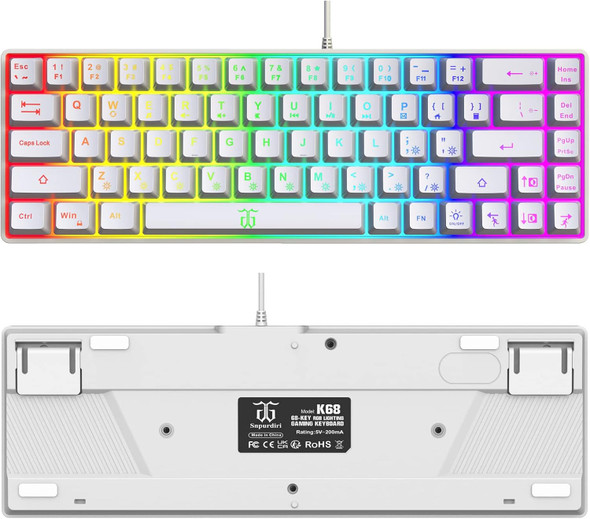 Snpurdiri 60% Percent Gaming Keyboard, Ergonomic Small Mini Gaming Keyboard, Compact RGB Backlit Keyboard for Windows, PC, Laptop, Gaming (68 Keys, White)