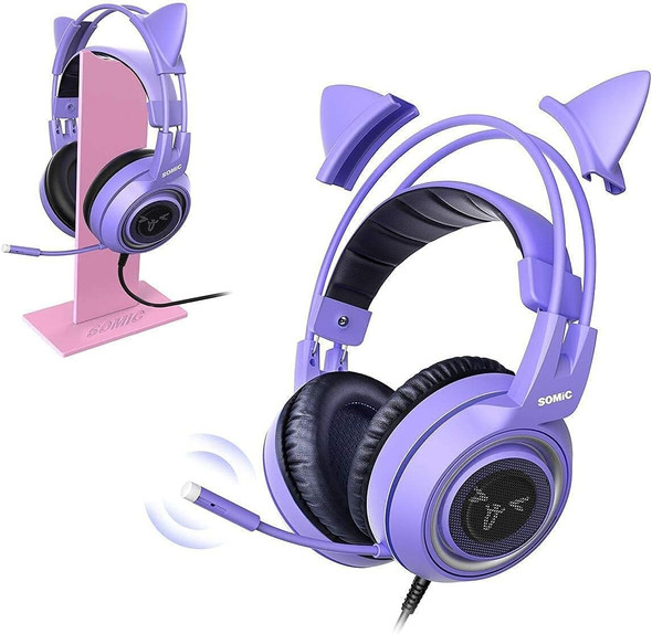 SOMIC G951S Purple Stereo Gaming Headset and Pink Headphone Stand for PS4, PS5, Xbox One, PC, Mobile Phone, 3.5MM Sound Detachable Cat Ear Headphones