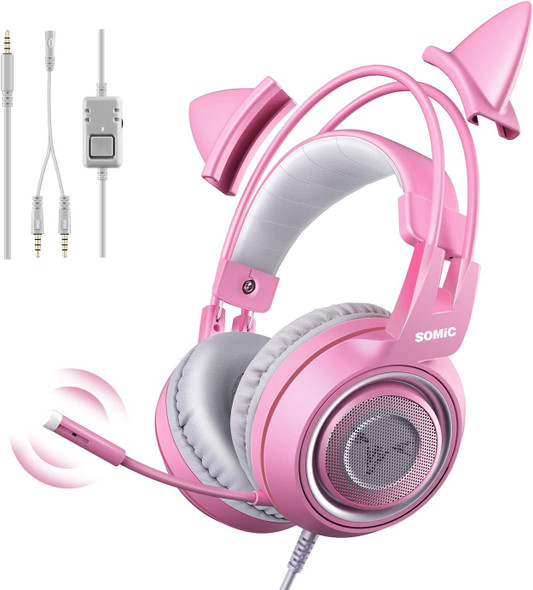 SOMIC G951s Pink Stereo Gaming Headset with Mic for PS4,Xbox,PC,Mobile Phone,3.5mm Noise Reduction Cat Ear Headphones Lightweight Over Ear Headphones for Girls SOMIC G951s Pink Stereo Gaming Headset with Mic for PS4,Xbox,PC,Mobile Phone,3.5mm Noise Reduction Cat Ear Headphones Lightweight Over Ear Headphones for Girls