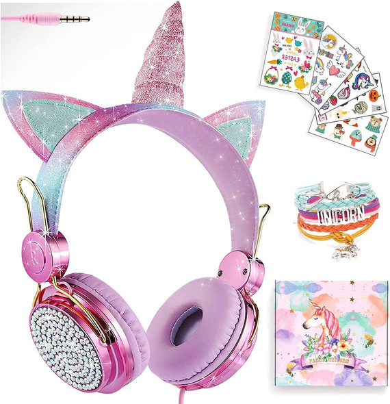 SVYHUOK Girls Pink Unicorn Wired Headphones,Cute Cat Ear Kids Game Headset for Boys Teens Tablet Laptop PC,Over Ear Children Headset withMic,for School Birthday Xmas s