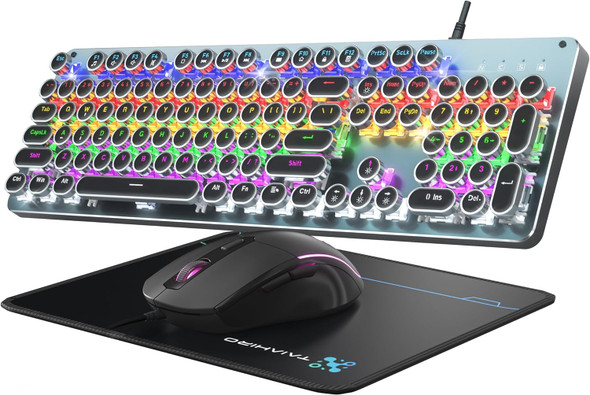 Typewriter Mechanical Gaming Keyboard with Mouse, Metal Panel Retro Keyboard with Round Keycap Blue Switch, RGB Backlit 104 Keys Anti-Ghost Wired Keyboard Mouse and Pad Combo for PC Laptop Mac Gamer