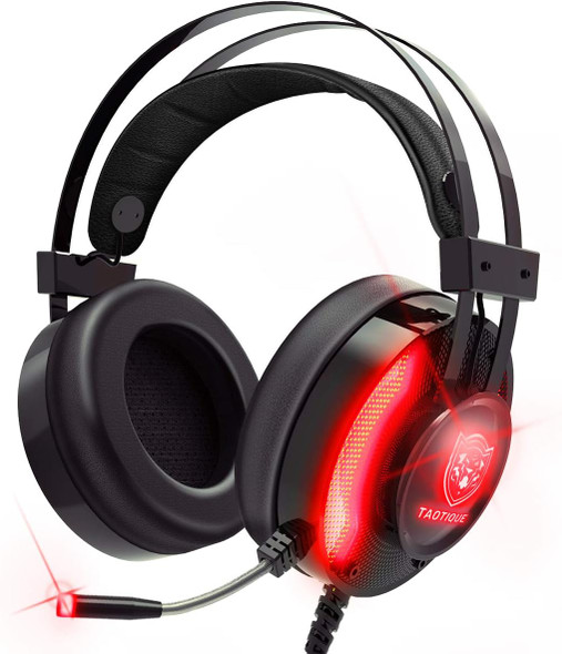 Taotique PS4 Gaming Headset, 7.1 Surround Sound Game Headset for Xbox One Noise Cancelling Gaming Headphones with Mic, Ergonomic Soft Earmuffs and LED Light for PC, Laptop - Red