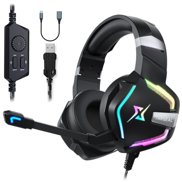 7.1 Surround Sound PC Gaming Headset for PS5 PS4 Switch Laptop Mac Tablet Mobile, Over Ear Wired USB Gaming Headphone with Omni-Directional Noise Canceling Mic, RGB LED, with Type C Cable