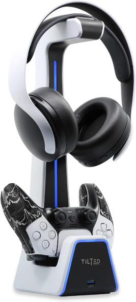 Tilted Nation RGB Headset and Controller Stand with Charging Station - for Playstation or PC - PS4 / PS5 Controller Holder with Charger - Headphone and Game Controller Holder for Desk - White