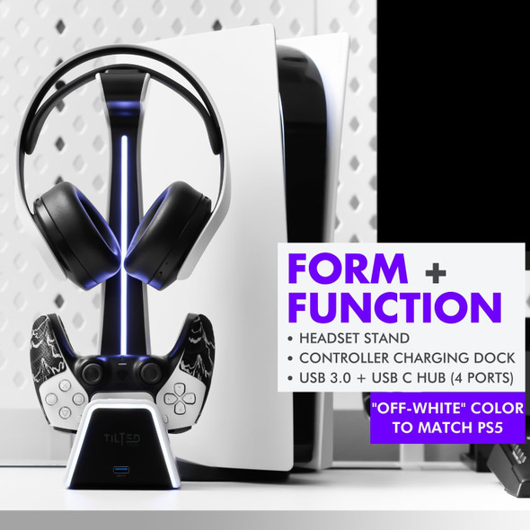 Tilted Nation RGB Headset and Controller Stand with Charging Station - for Playstation or PC - PS4 / PS5 Controller Holder with Charger - Headphone and Game Controller Holder for Desk - White