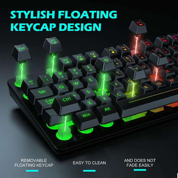 Gaming Keyboard, 105-Key Wired Membrane Keyboard, Rainbow LED Backlit Keyboard, Floating Keycap Design, Aluminum Alloy Panel, Stylish Appearance Design, Suitable for Desktop, Computer, PC