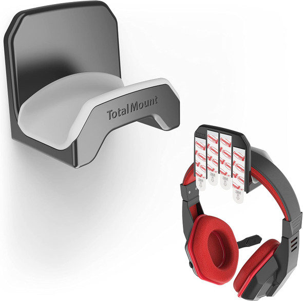 TotalMount Gaming Headset Hangers – Include Removable Adhesive Strips for Easy, Damage- Wall, Desk, or PC Mounting (Black Headphone Hooks with Premium Silicone Cradles – Two Pack)