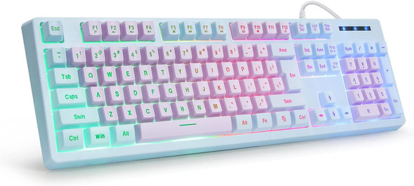 HUO JI Gaming Keyboard USB Wired with Rainbow LED Backlit, Floating Keys, Mechanical Feeling, Spill Resistant, Ergonomic for Xbox, PS Series, Desktop, Computer, PC, Purple Blue