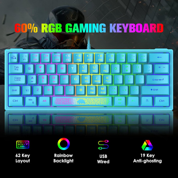 ZIYOU LANG K61 60% Gaming Keyboard Mini Portable with Rainbow RGB Backlit Ergonomic 62Key Layout 19Key Anti-ghosting Mechanical Feel Waterproof USB Wired for PC Mac Windows Gamer Laptop Typists(Blue)