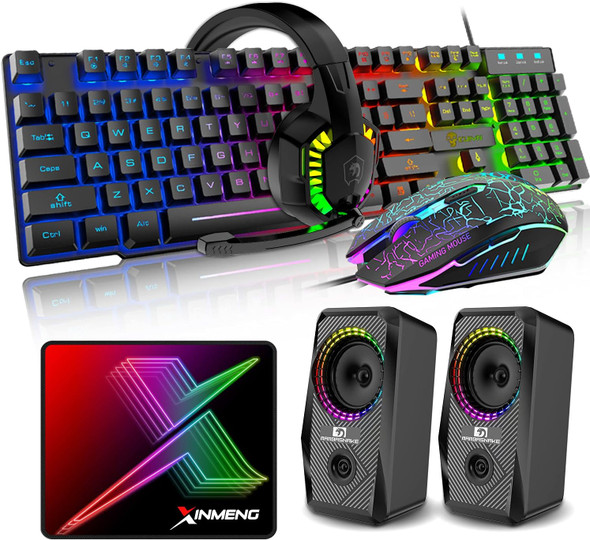 5 in 1 Wired Gaming Keyboard Mouse Headphone and Speaker Combo with Multi RGB Backlight Ergonomic 104 Key Adjustable Mic 2400DPI Mice Large Mousepad Waterproof for PC Mac Gamer Office Typist(Black) 5 in 1 Wired Gaming Keyboard Mouse Headphone and Speaker Combo with Multi RGB Backlight Ergonomic 104 Key Adjustable Mic 2400DPI Mice Large Mousepad Waterproof for PC Mac Gamer Office Typist(Black)