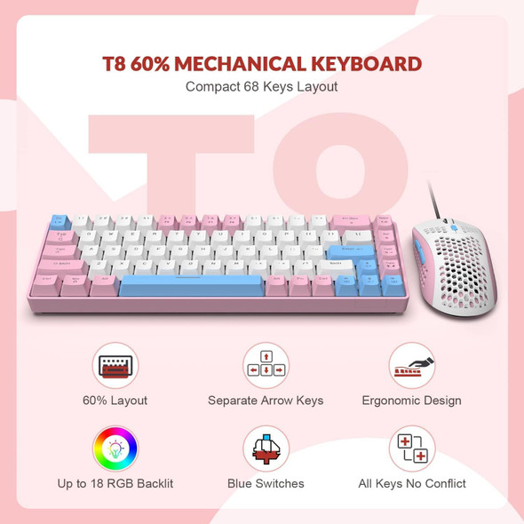 ZIYOU LANG RK-T8PR0 Wired 65% Mechanical Gaming Keyboard and Mouse Combo with RGB LED Backlit Anti-ghosting TKL Mini 68 Key Coiled C to A Cable Tactile Blue Switch for PS4 PS5 Xbox PC Mac Gamer(Pink)
