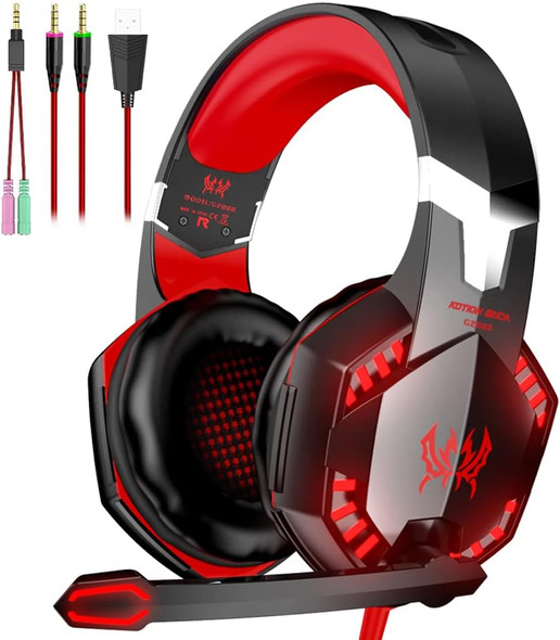 VersionTECH. G2000 Gaming Headset, Bass Surround Gaming Headphones with Noise Cancelling Mic, LED Lights, Soft Memory Earmuffs for PS5/ PS4/ Xbox One Controller/Laptop/PC/Mac/Nintendo NES Games-Red