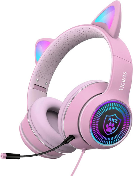 Cat Ear Gaming Headphones Wired AUX 3.5mm LED Light, Noise Canceling Game Headphones Stereo Foldable Over-Ear Headsets with Microphone Fit Girls, Kids for PC, PS4, Switch, Xbox, Mobile, Laptop