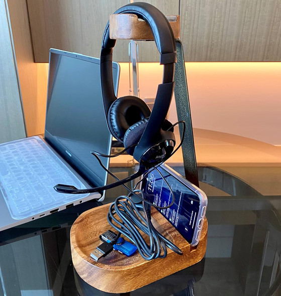 Wooden Headphone Stand, Universal Headset Holder, Desktop Earphone Hanger with Cell Phone Slot and Large Catch All Base, Made of Acacia Wood with Steel Support