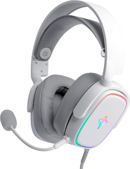 YEYIAN Proud Stereo Gaming RGB Headset Mic, Noise Cancelling Over Ear Microphone Headphones, Bass Surround, Soft Earmuffs, Compatible with PS4 Xbox One PS5 Controller PC Laptop Games, White