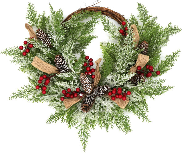 Christmas Artificial Wreath for Front Door, Outdoor Christmas Wreath Flocked with Mixed Decorations, Holiday Greenery Wreath with Pinecones, Red Berries, and Snowflake, 23 inches
