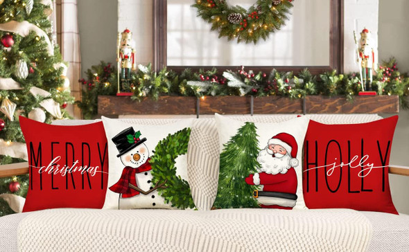 Red Christmas Pillow Covers 18x18 Set of 4 Farmhouse Christmas Decorations Snowman Wreath Santa Claus Tree Merry Christmas Holly Jolly Winter Holiday Decor Throw Cushion Case for Home Couch S22C17