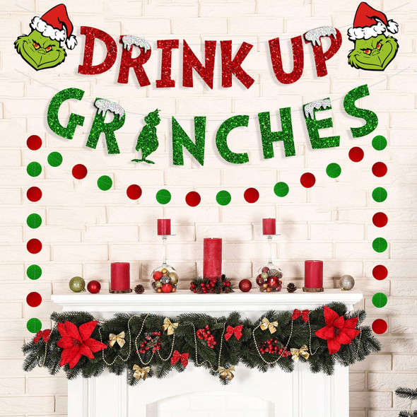 Drink Up Grinches Banner, Glittery Christmas Decorations Banners Winter Holiday Garland Photo Props Banner for Party Home Decorations