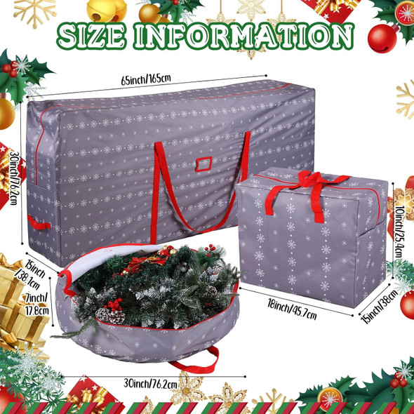 Abbylike 3 Pcs Christmas Tree Storage Bag 65 x 30 x 15'' Set, Christmas Wreath Storage Bag 30'' Grey Snowflake Ornament Storage Container 18'', Xmas Organizer 420d Waterproof Oxford Bags with Handle