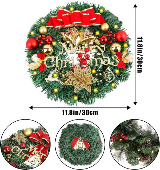12inch Christmas Wreath with LED Light String, Luminous Wall Mount Door Wreath, Celebrating Holiday Merry Christmas Decoration for Outdoor Indoor Party Table Room