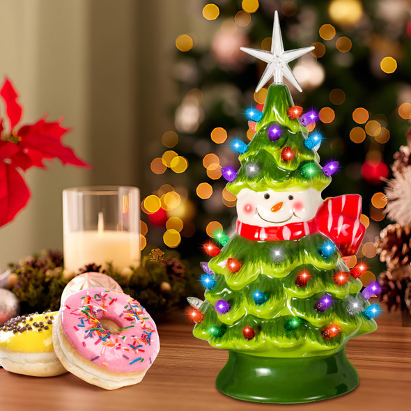 Ceramic Christmas Tree, 15" Snowman Christmas Decorations Tree with Multicolored Lights Decorative Christmas Tree for Holiday Xmas Home Indoor Decorations