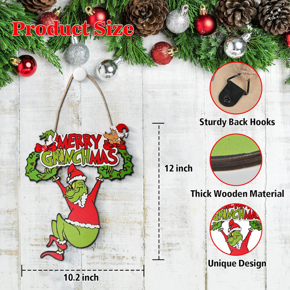 Christmas Wooden Door Hanging Sign – Merry Christmas Holiday Tree Ornaments, Festive Party Decor for Indoor & Outdoor Use, Front Door and Wall Decorations