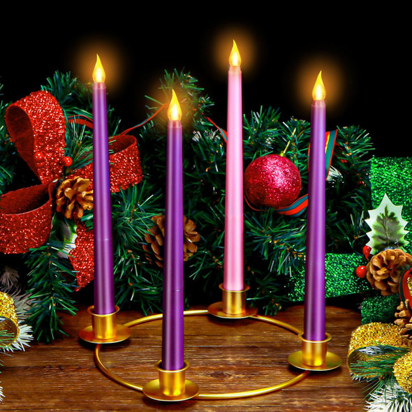 4 Pieces Christmas Flameless Advent Candle Set with Gold Metal Advent Wreath Ring Candle Holder Purple Pink Taper Flameless Candles for Christmas Advent Home Table Decorations