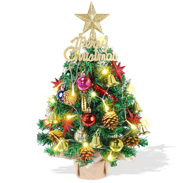 Tabletop Christmas Tree 21.65 Inch Mini Artificial Christmas Tree with 20 LED String Lights, Star Tree, Pine Cones Ornaments, Small Xmas Tree for Holiday Indoor DIY Christmas Decor
