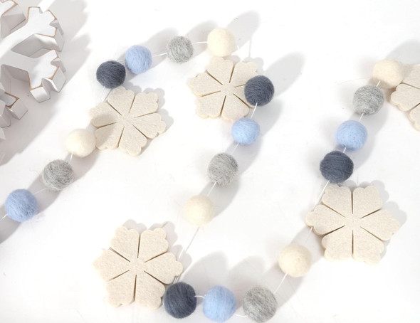 Felt Snowflake Garland - Snowflake Felt Ball Garland, Winter Wall Decor, Christmas Garland, Winter Wonderland Banner