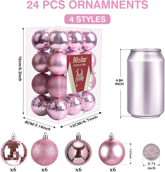 Aitsite 24ct Christmas Tree Ornaments Set 1.57 inches Mini Shatterproof Holiday Ornaments Balls for Christmas Decorations (Pink)