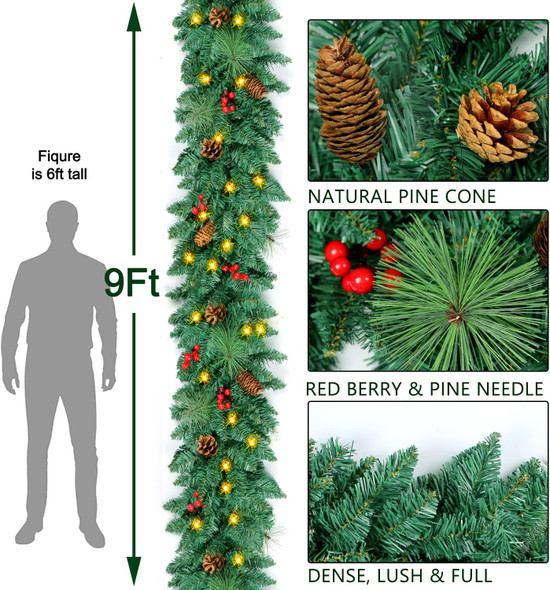 9FT Prelit Christmas Garland with 100 Lights Christmas Decorations Outdoor Lighted Christmas Garland for Mantle Stairs Railing Tree, Pre-Lit Christmas Garland Battery Operated Xmas Garland Fireplace