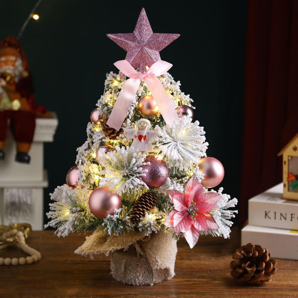 Mini Small Little Tabletop Prelit Christmas Tree 17.7 Inch Decorated Artificial Snow Xmas Tree with Ornaments Bow Pentagram Pinecones and LED String Lights,Pink