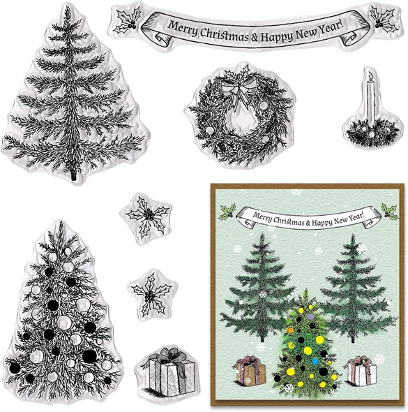 ALIBBON Merry Christmas Clear Stamps for Card Making and Photo Album Decorations, Christmas Tree Stamps, Christmas Wreath Transparent Silicone Stamps for Crafting and DIY Scrapbooking