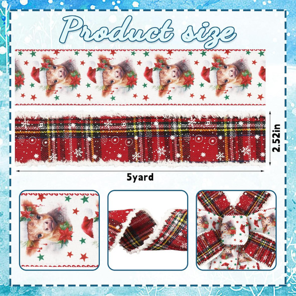 ALIBBON 2 Rolls 2.5" × 5 Yd Merry Christmas Ribbon Star Calf Christmas Wired Ribbon Velvet Edge Red Buffalo Plaid Ribbon for Christmas Wreath DIY Crafting s Wrapping Christmas Party Decoration