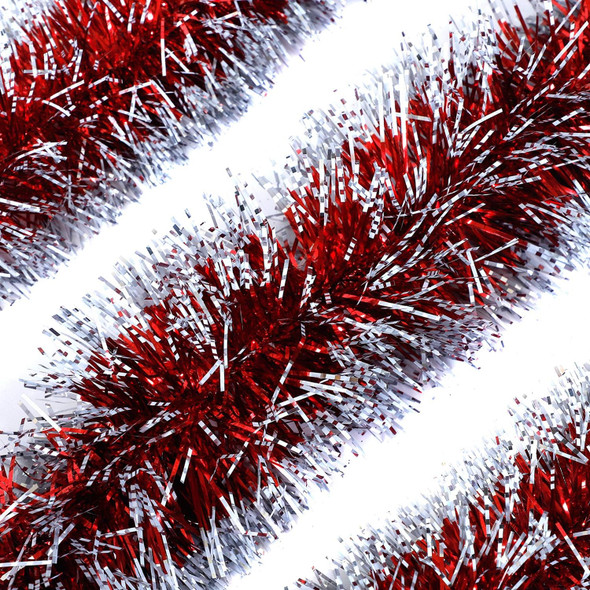 25ft Christmas Tinsel Garland, Christmas Tree Ornaments Home Party Classic Shiny Sparkly Ceiling Hanging Decorations, 4 inch Wide Filaments Red Silver Edge.