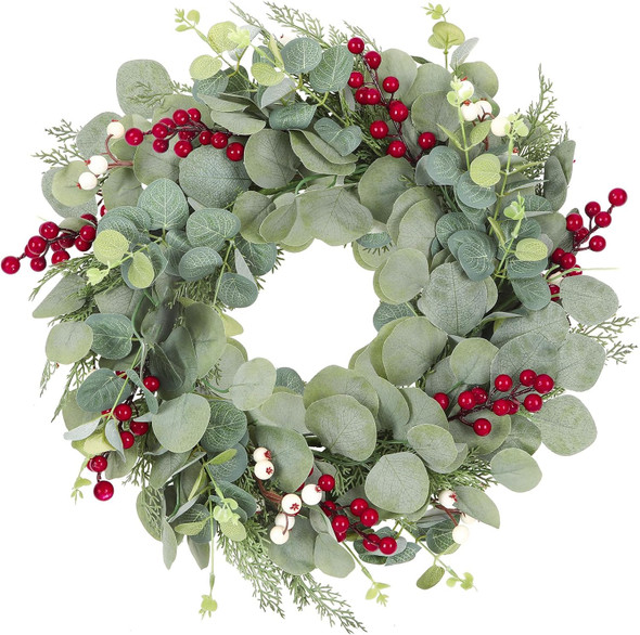 Artificial Christmas Eucalyptus Wreath 20" Inch for Front Door Farmhouse Spring Summer All Year, Greenery Wreath Decoration for Outdoor Indoor Wedding Home Porch Window,Green