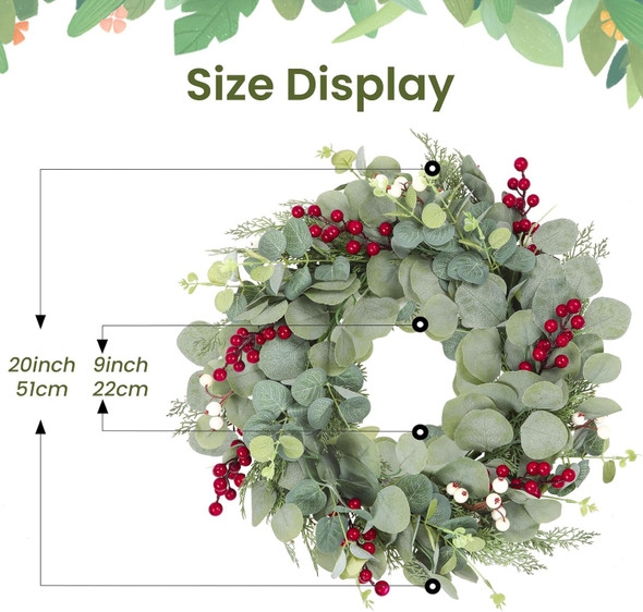 Artificial Christmas Eucalyptus Wreath 20" Inch for Front Door Farmhouse Spring Summer All Year, Greenery Wreath Decoration for Outdoor Indoor Wedding Home Porch Window,Green