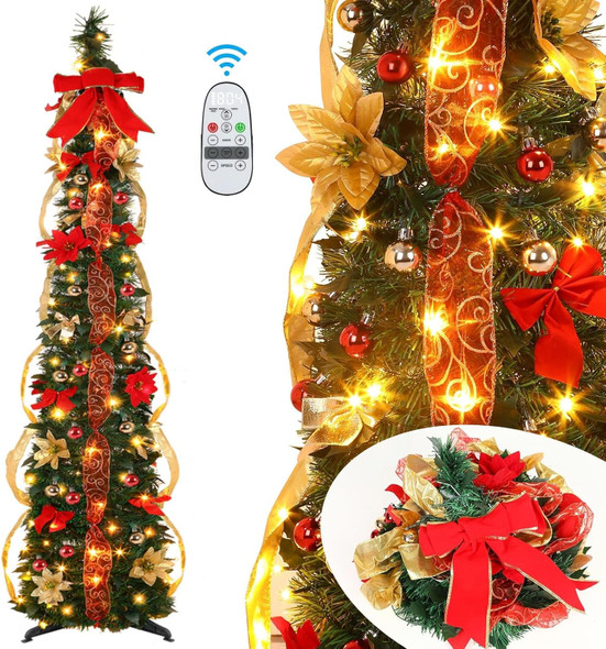 6ft Pop Up Prelit Pencil Artificial Christmas Tree with Remote Control, Pre-Decorated Red&Gold Decorations, Pre-Lit White & Multi-Color Lights, Perfect Choice for Xmas Decoration, 6 FT