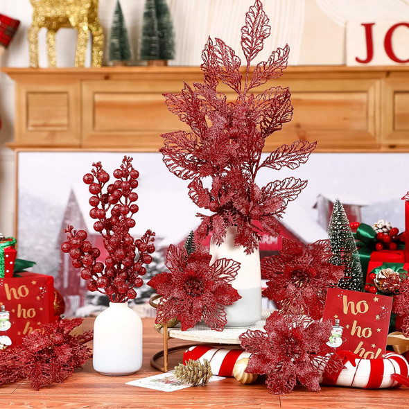 24 Pcs Artificial Glitter Christmas Tree Picks, Boxed 12 Poinsettia Flowers+ 6 Berry Stems+ 6 Flowers Berry Leaves Decorations Set, Indoor Outdoor Holiday Ornaments Decor, Red